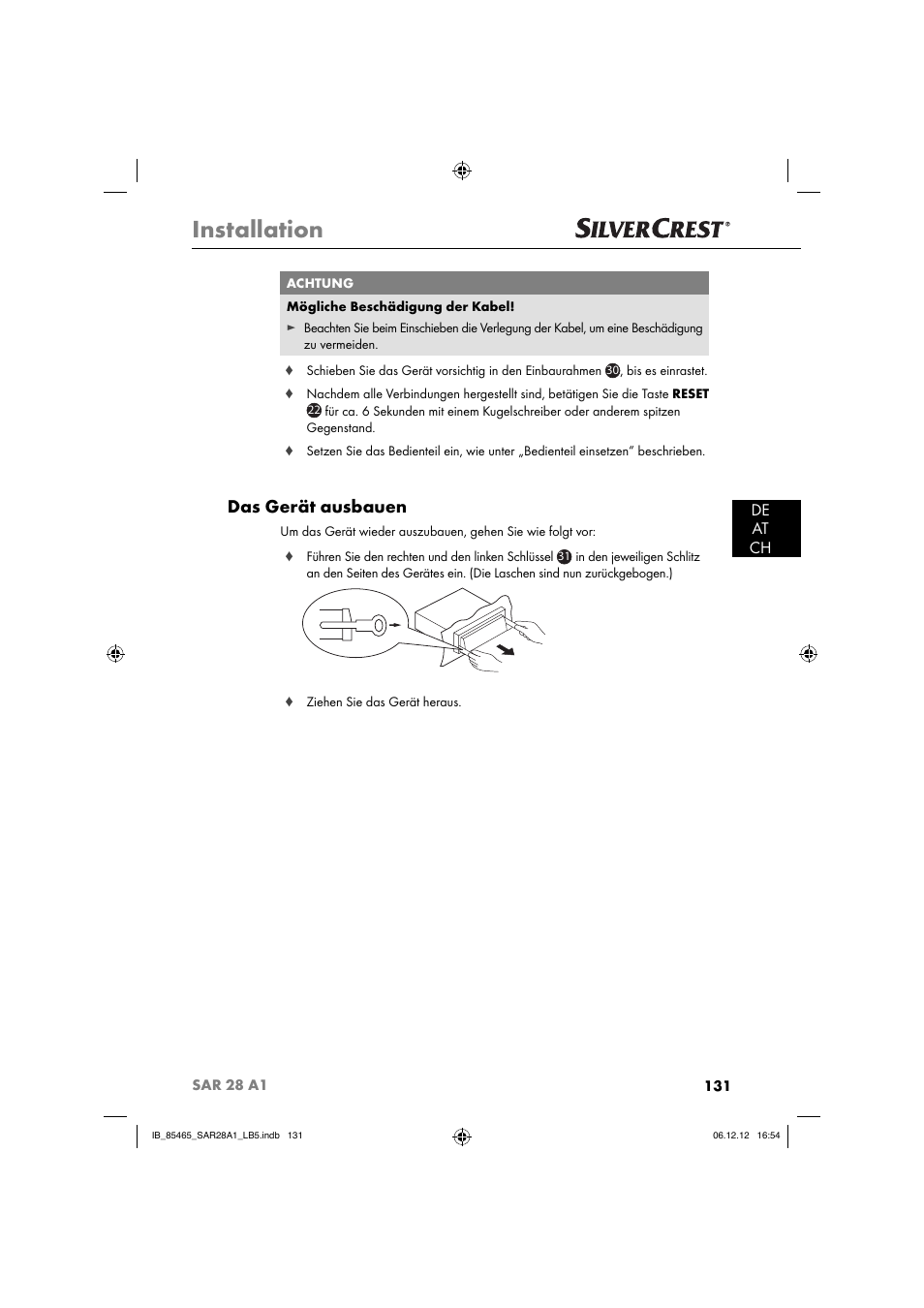 Installation, Das gerät ausbauen, De at ch | Silvercrest SAR 28 A1 User Manual | Page 135 / 155