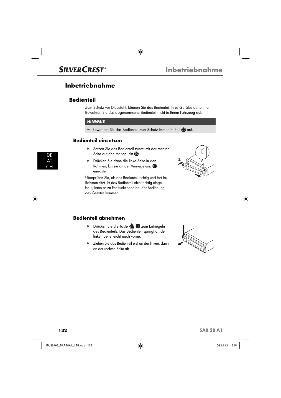 Inbetriebnahme, Bedienteil, De at ch | Bedienteil einsetzen, Bedienteil abnehmen | Silvercrest SAR 28 A1 User Manual | Page 136 / 155