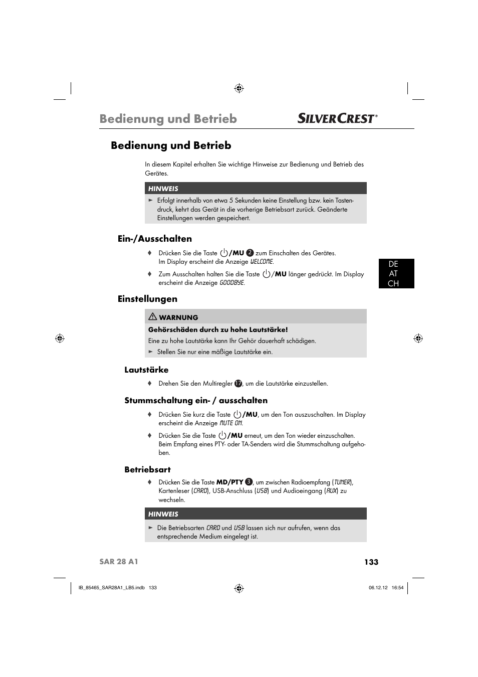 Bedienung und betrieb, Ein-/ausschalten, Einstellungen | De at ch, Lautstärke, Stummschaltung ein- / ausschalten, Betriebsart | Silvercrest SAR 28 A1 User Manual | Page 137 / 155