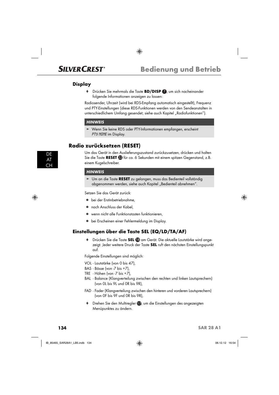 Bedienung und betrieb, Radio zurücksetzen (reset), De at ch display | Einstellungen über die taste sel (eq/ld/ta/af) | Silvercrest SAR 28 A1 User Manual | Page 138 / 155