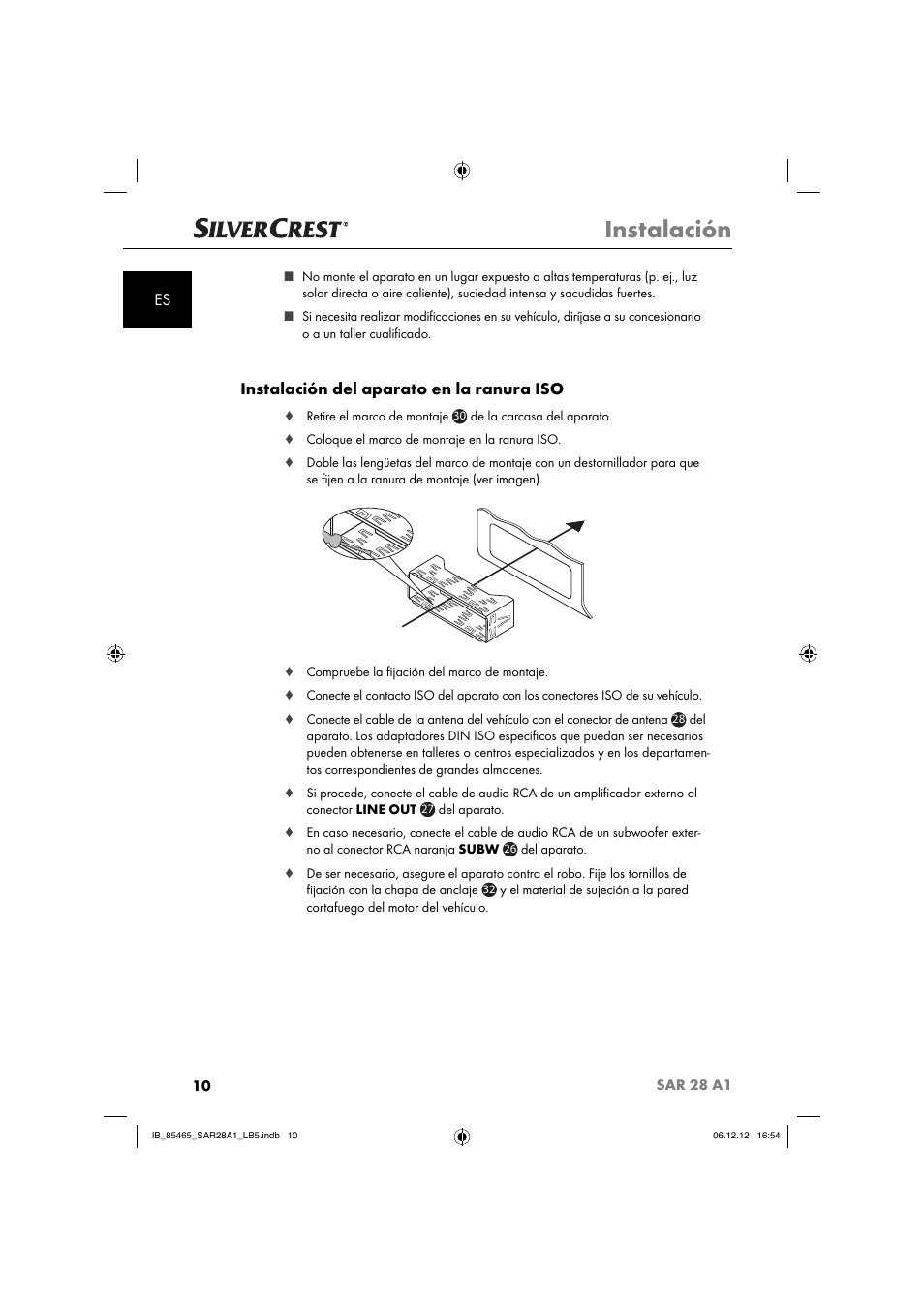 Instalación, Instalación del aparato en la ranura iso | Silvercrest SAR 28 A1 User Manual | Page 14 / 155