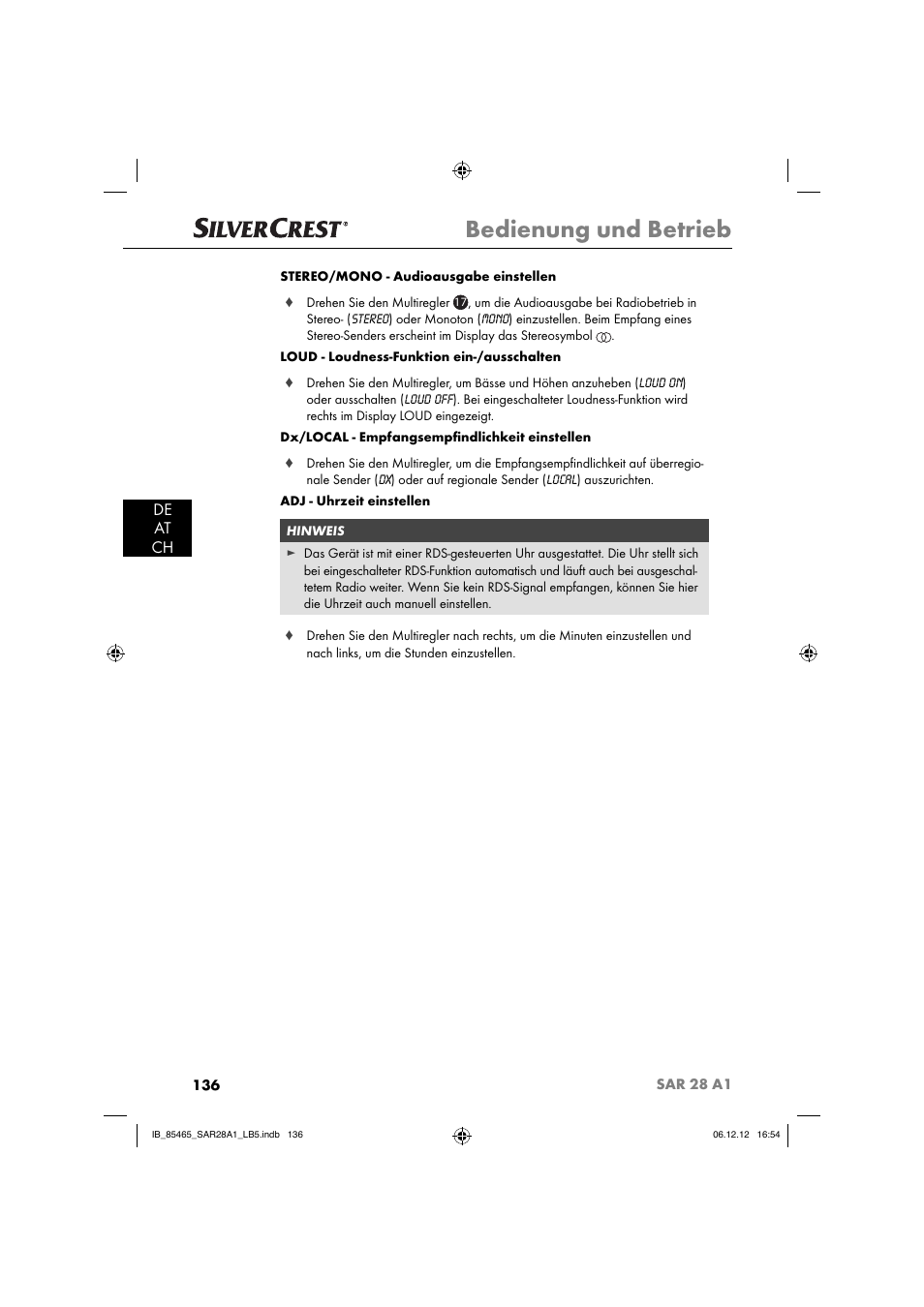 Bedienung und betrieb, De at ch | Silvercrest SAR 28 A1 User Manual | Page 140 / 155