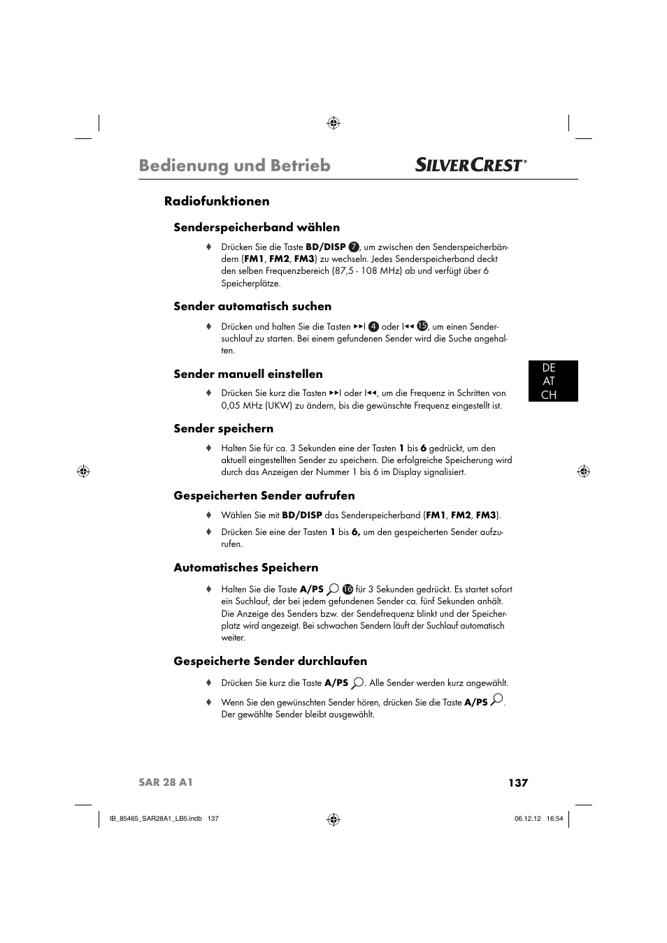 Bedienung und betrieb, Radiofunktionen, De at ch | Senderspeicherband wählen, Sender automatisch suchen, Sender manuell einstellen, Sender speichern, Gespeicherten sender aufrufen, Automatisches speichern, Gespeicherte sender durchlaufen | Silvercrest SAR 28 A1 User Manual | Page 141 / 155
