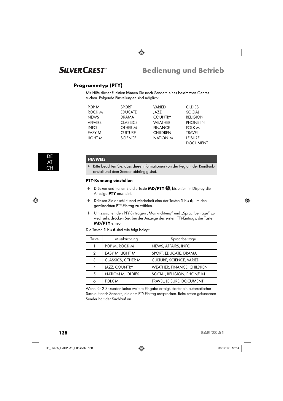 Bedienung und betrieb, De at ch programmtyp (pty) | Silvercrest SAR 28 A1 User Manual | Page 142 / 155