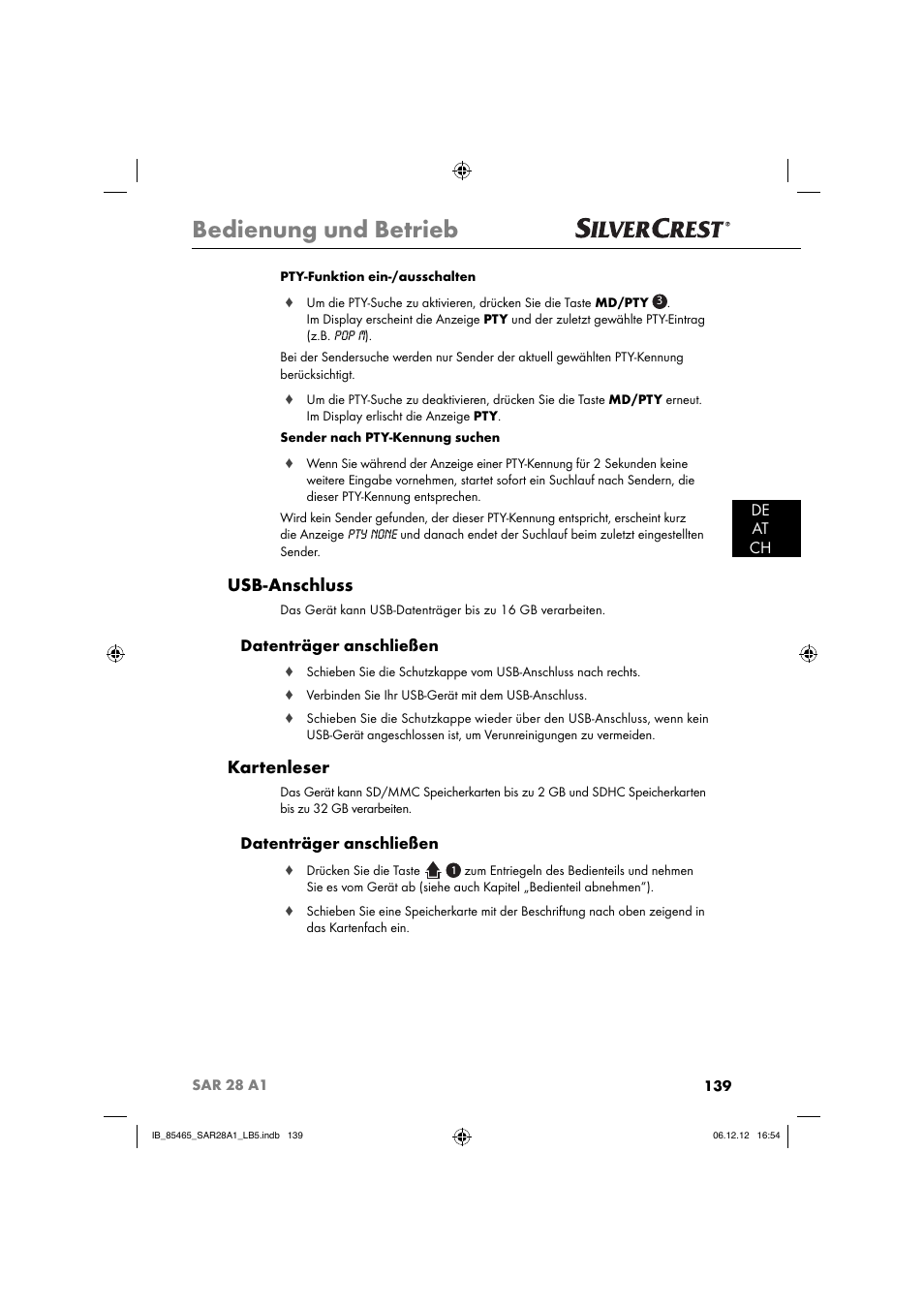 Bedienung und betrieb, Usb-anschluss, Kartenleser | De at ch, Datenträger anschließen | Silvercrest SAR 28 A1 User Manual | Page 143 / 155