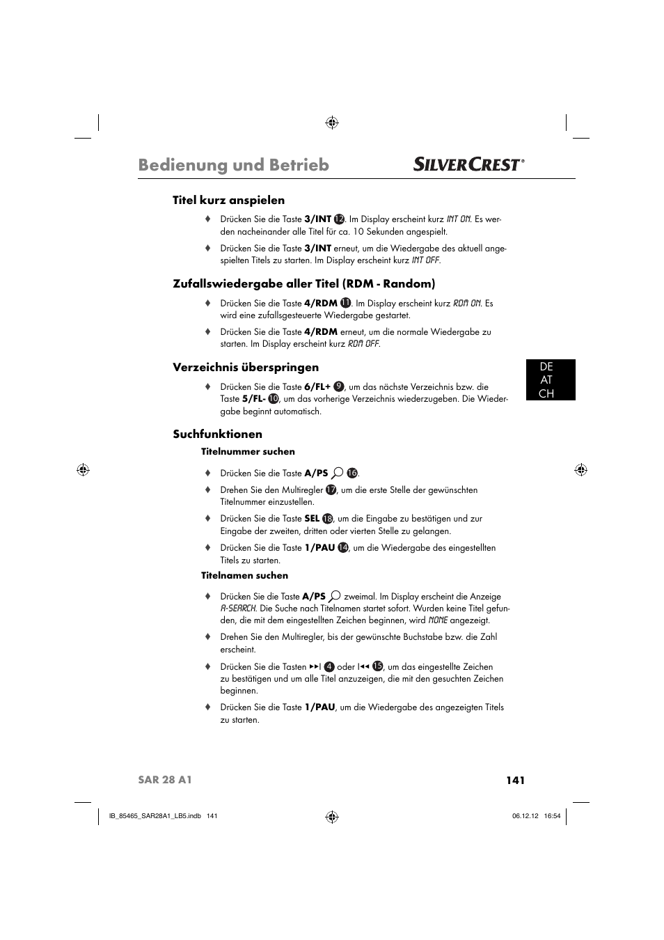 Bedienung und betrieb, De at ch titel kurz anspielen, Zufallswiedergabe aller titel (rdm - random) | Verzeichnis überspringen, Suchfunktionen | Silvercrest SAR 28 A1 User Manual | Page 145 / 155