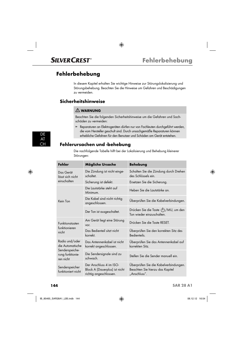 Fehlerbehebung, Sicherheitshinweise, Fehlerursachen und -behebung | De at ch | Silvercrest SAR 28 A1 User Manual | Page 148 / 155