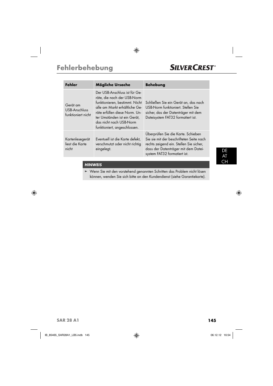 Fehlerbehebung, De at ch | Silvercrest SAR 28 A1 User Manual | Page 149 / 155