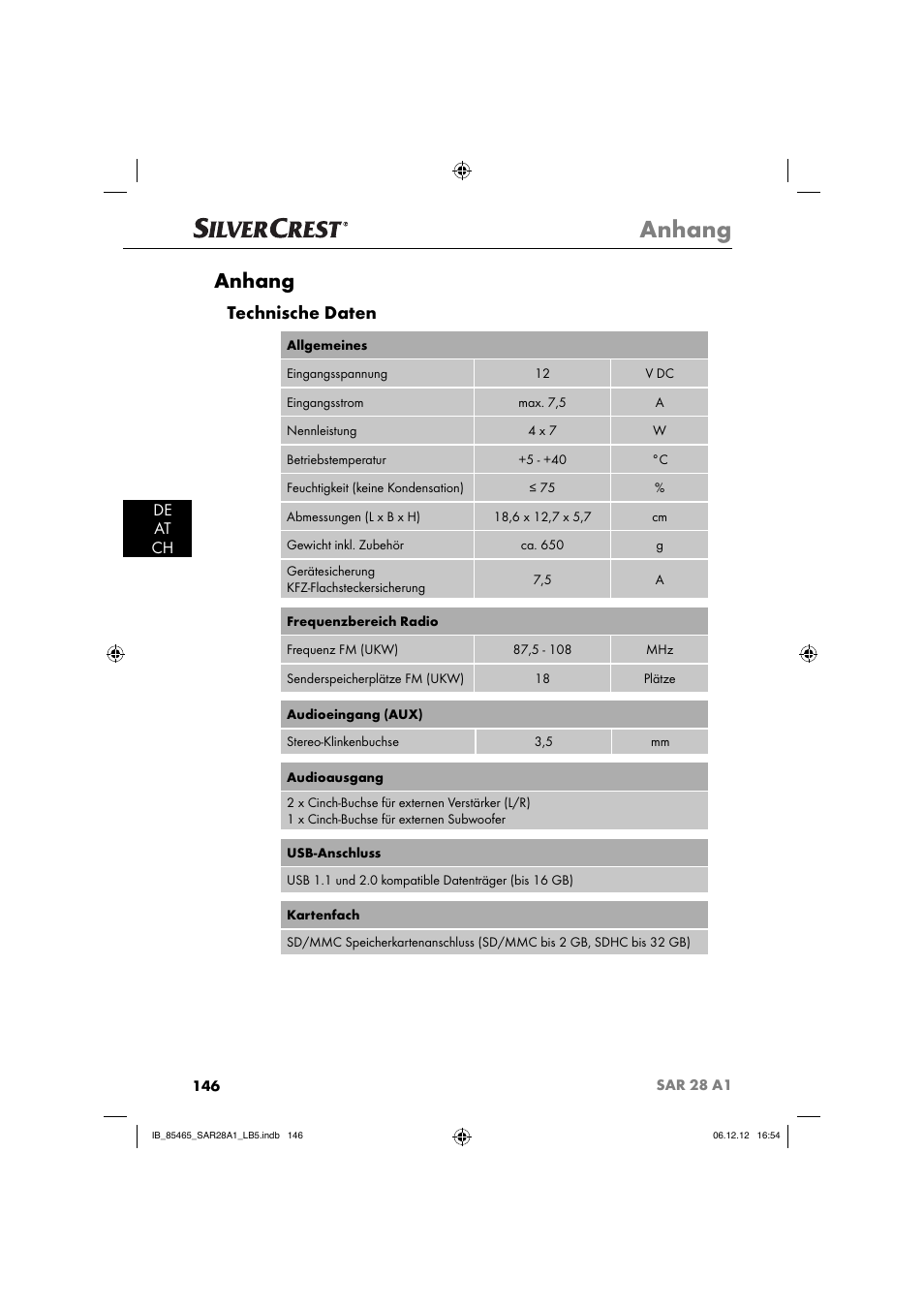 Anhang, Technische daten, De at ch | Silvercrest SAR 28 A1 User Manual | Page 150 / 155