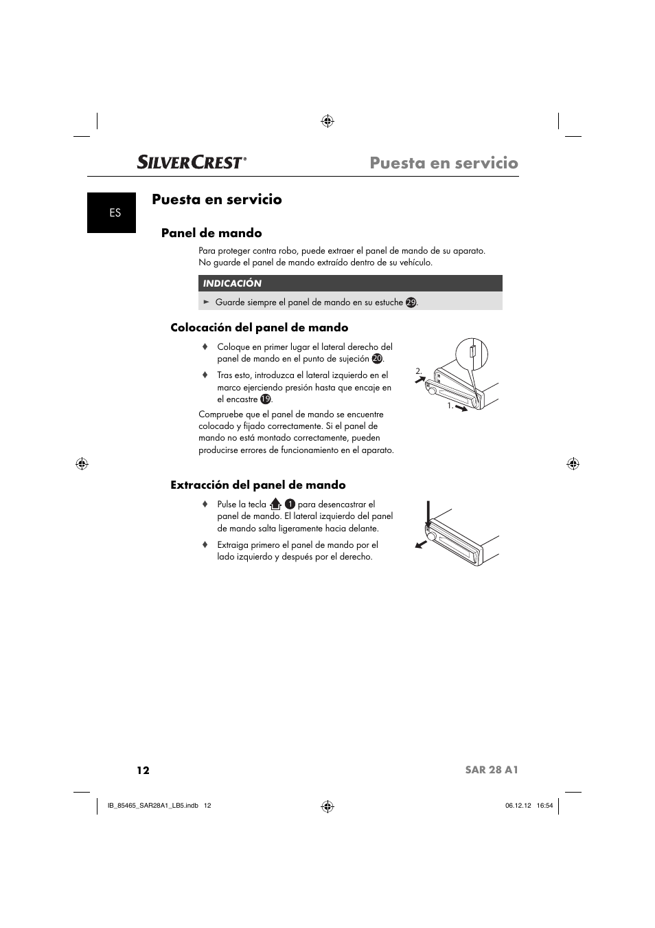 Puesta en servicio, Panel de mando, Colocación del panel de mando | Extracción del panel de mando | Silvercrest SAR 28 A1 User Manual | Page 16 / 155