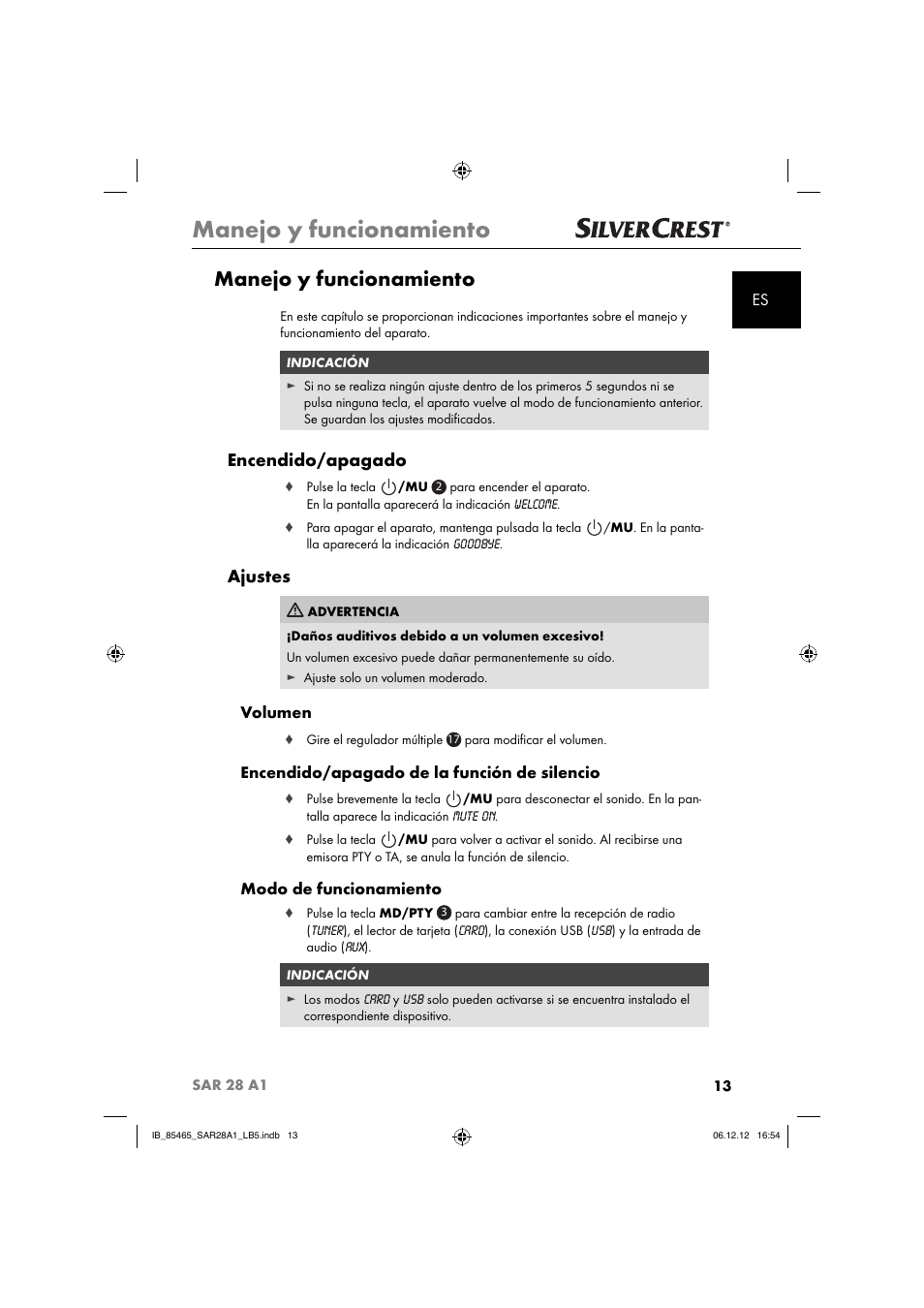 Manejo y funcionamiento, Encendido/apagado, Ajustes | Volumen, Encendido/apagado de la función de silencio, Modo de funcionamiento | Silvercrest SAR 28 A1 User Manual | Page 17 / 155