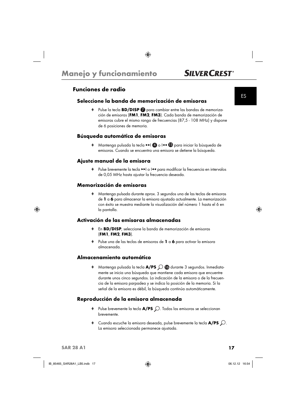 Manejo y funcionamiento, Funciones de radio, Búsqueda automática de emisoras | Ajuste manual de la emisora, Activación de las emisoras almacenadas, Almacenamiento automático, Reproducción de la emisora almacenada | Silvercrest SAR 28 A1 User Manual | Page 21 / 155