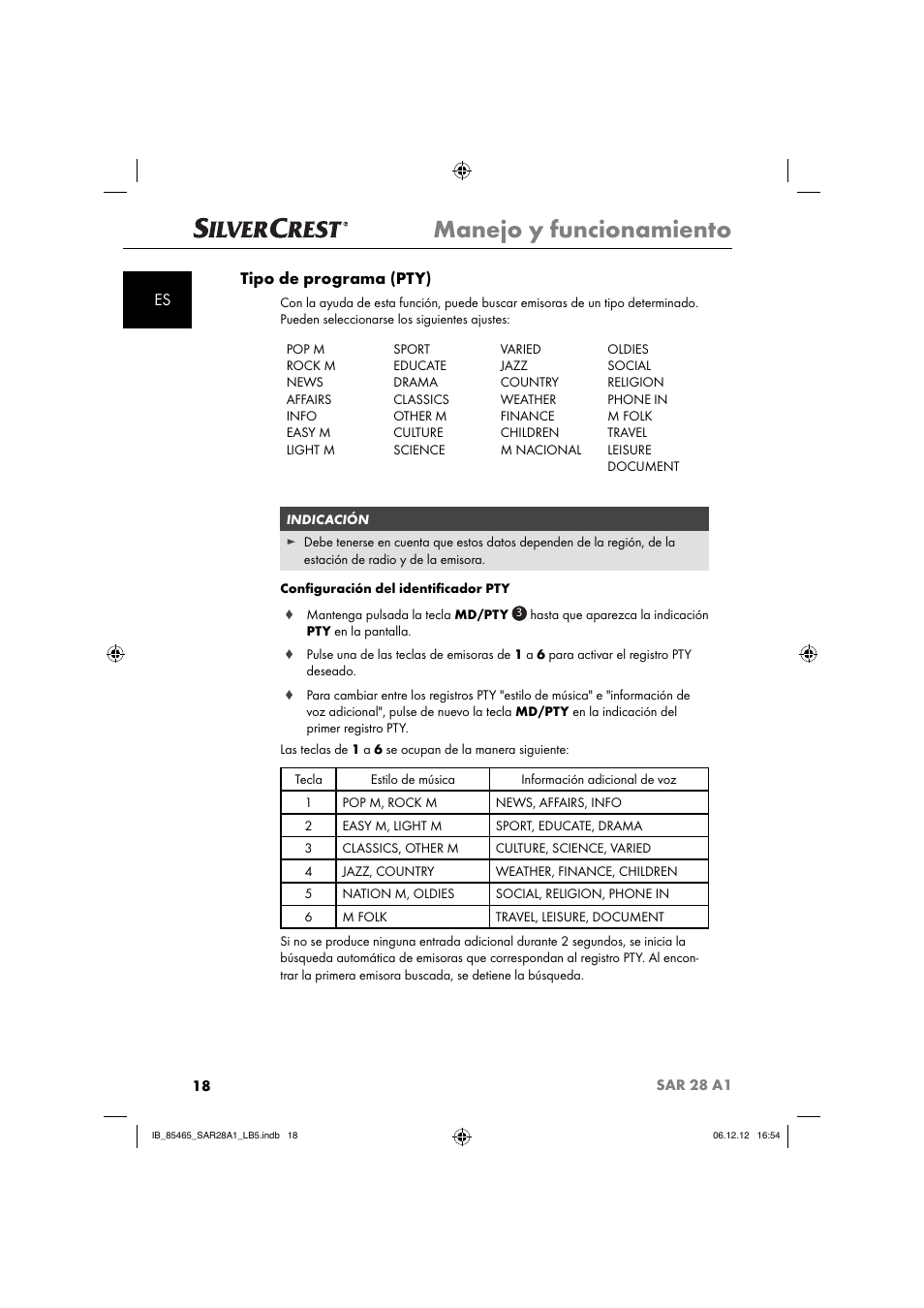 Manejo y funcionamiento, Es tipo de programa (pty) | Silvercrest SAR 28 A1 User Manual | Page 22 / 155