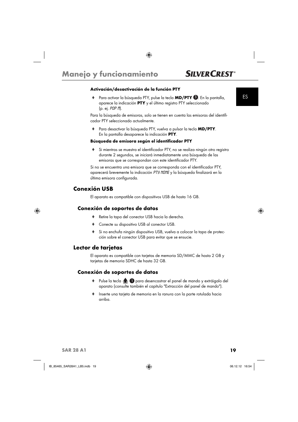 Manejo y funcionamiento, Conexión usb, Lector de tarjetas | Conexión de soportes de datos | Silvercrest SAR 28 A1 User Manual | Page 23 / 155