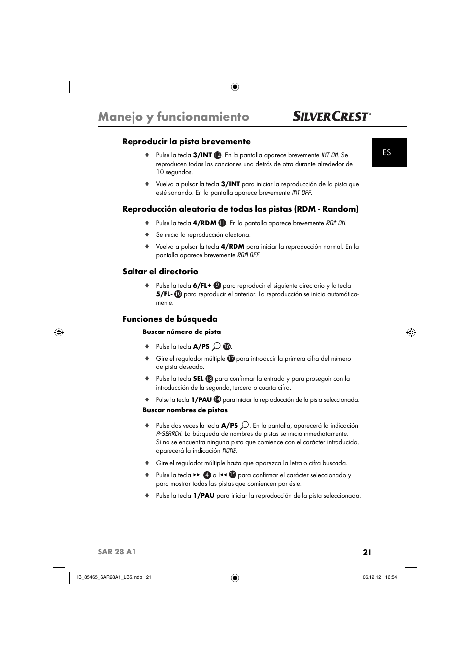 Manejo y funcionamiento, Es reproducir la pista brevemente, Saltar el directorio | Funciones de búsqueda | Silvercrest SAR 28 A1 User Manual | Page 25 / 155