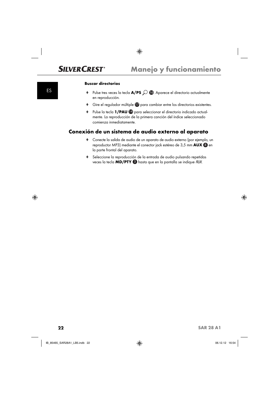 Manejo y funcionamiento, Conexión de un sistema de audio externo al aparato | Silvercrest SAR 28 A1 User Manual | Page 26 / 155