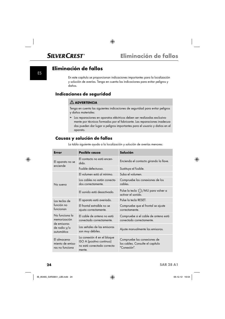 Eliminación de fallos, Indicaciones de seguridad, Causas y solución de fallos | Silvercrest SAR 28 A1 User Manual | Page 28 / 155