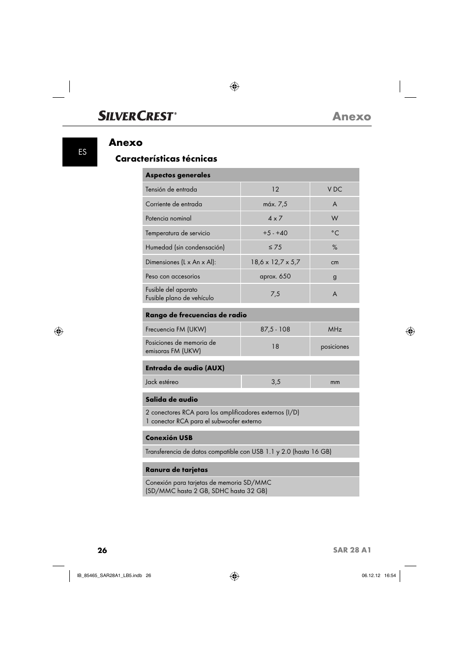 Anexo, Características técnicas | Silvercrest SAR 28 A1 User Manual | Page 30 / 155