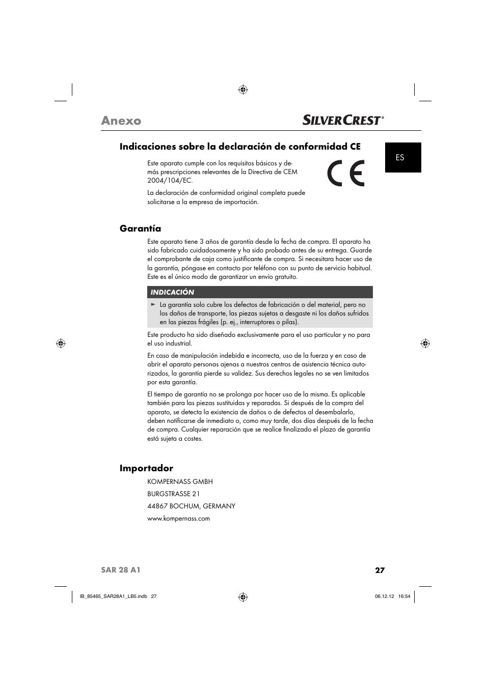 Anexo, Garantía, Importador | Silvercrest SAR 28 A1 User Manual | Page 31 / 155