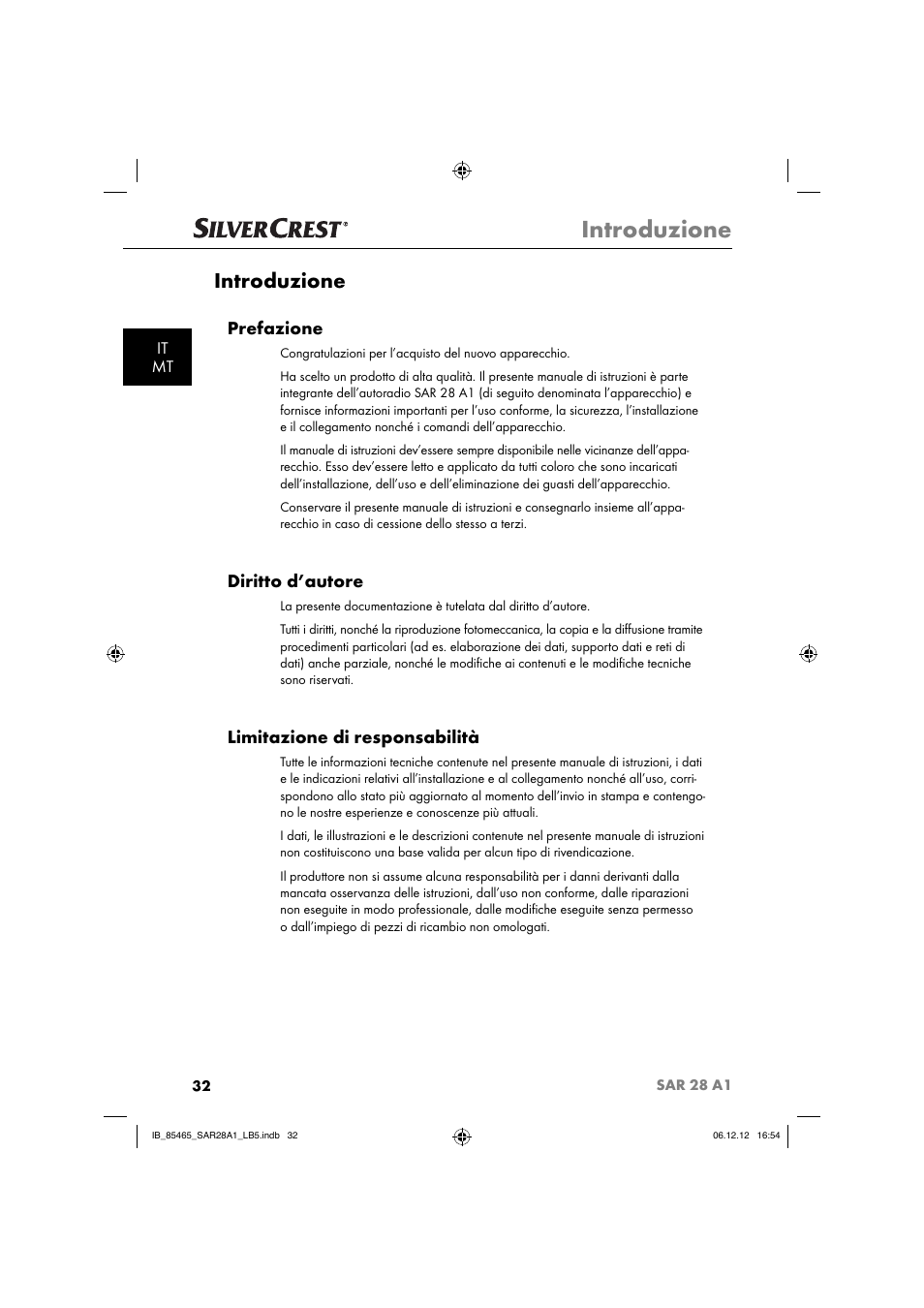 Introduzione, Prefazione, Diritto d’autore | Limitazione di responsabilità, It mt | Silvercrest SAR 28 A1 User Manual | Page 36 / 155