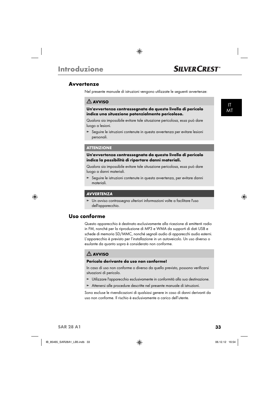 Introduzione, Avvertenze, Uso conforme | It mt | Silvercrest SAR 28 A1 User Manual | Page 37 / 155