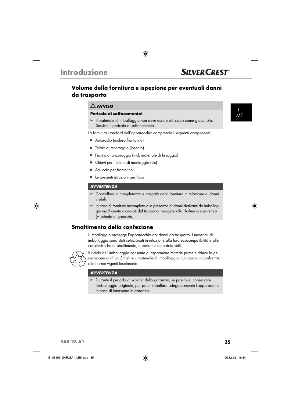 Introduzione, Smaltimento della confezione, It mt | Silvercrest SAR 28 A1 User Manual | Page 39 / 155