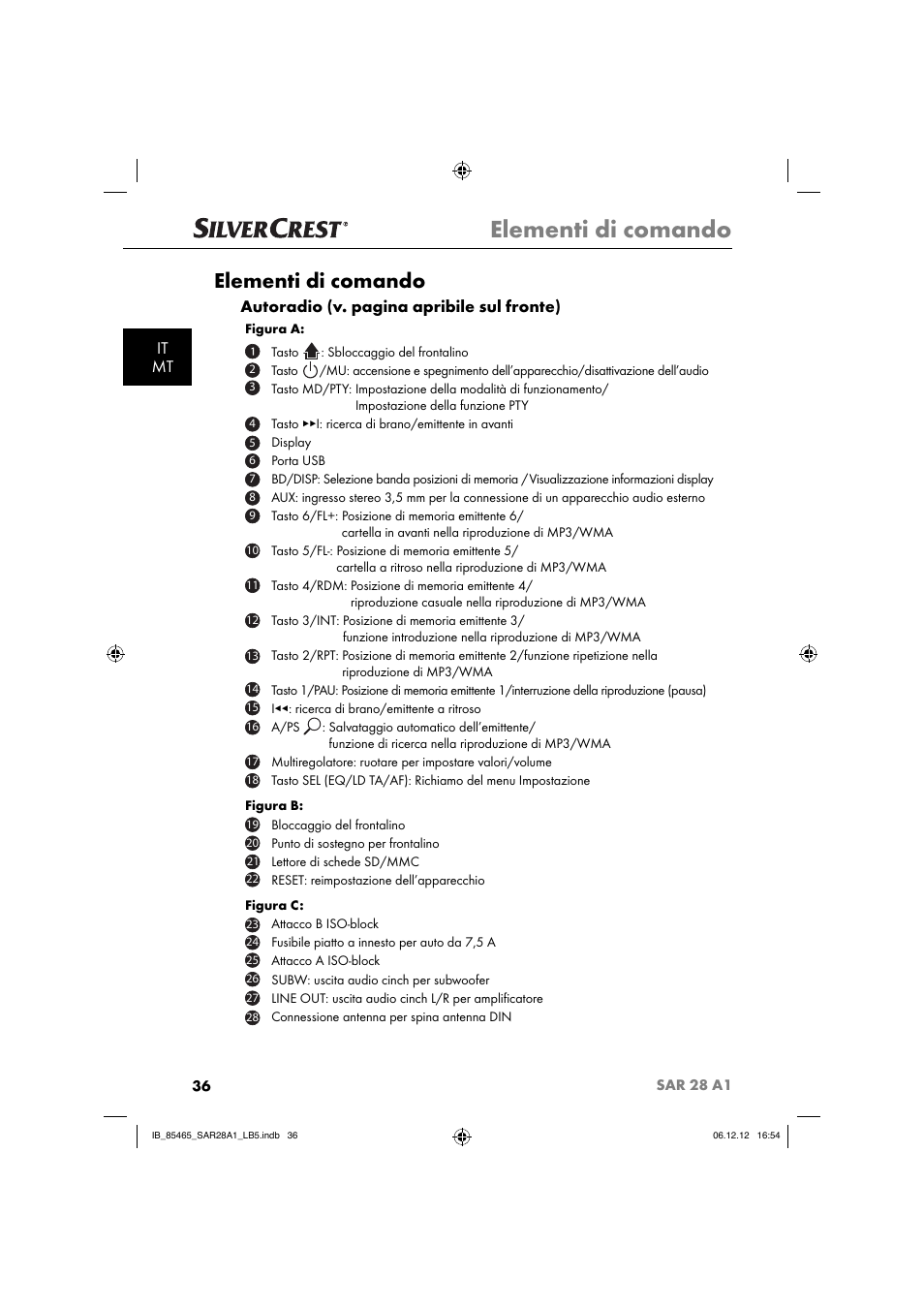 Elementi di comando, It mt, Autoradio (v. pagina apribile sul fronte) | Silvercrest SAR 28 A1 User Manual | Page 40 / 155