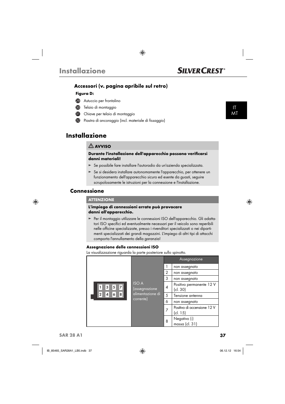 Installazione, Connessione, It mt accessori (v. pagina apribile sul retro) | Silvercrest SAR 28 A1 User Manual | Page 41 / 155