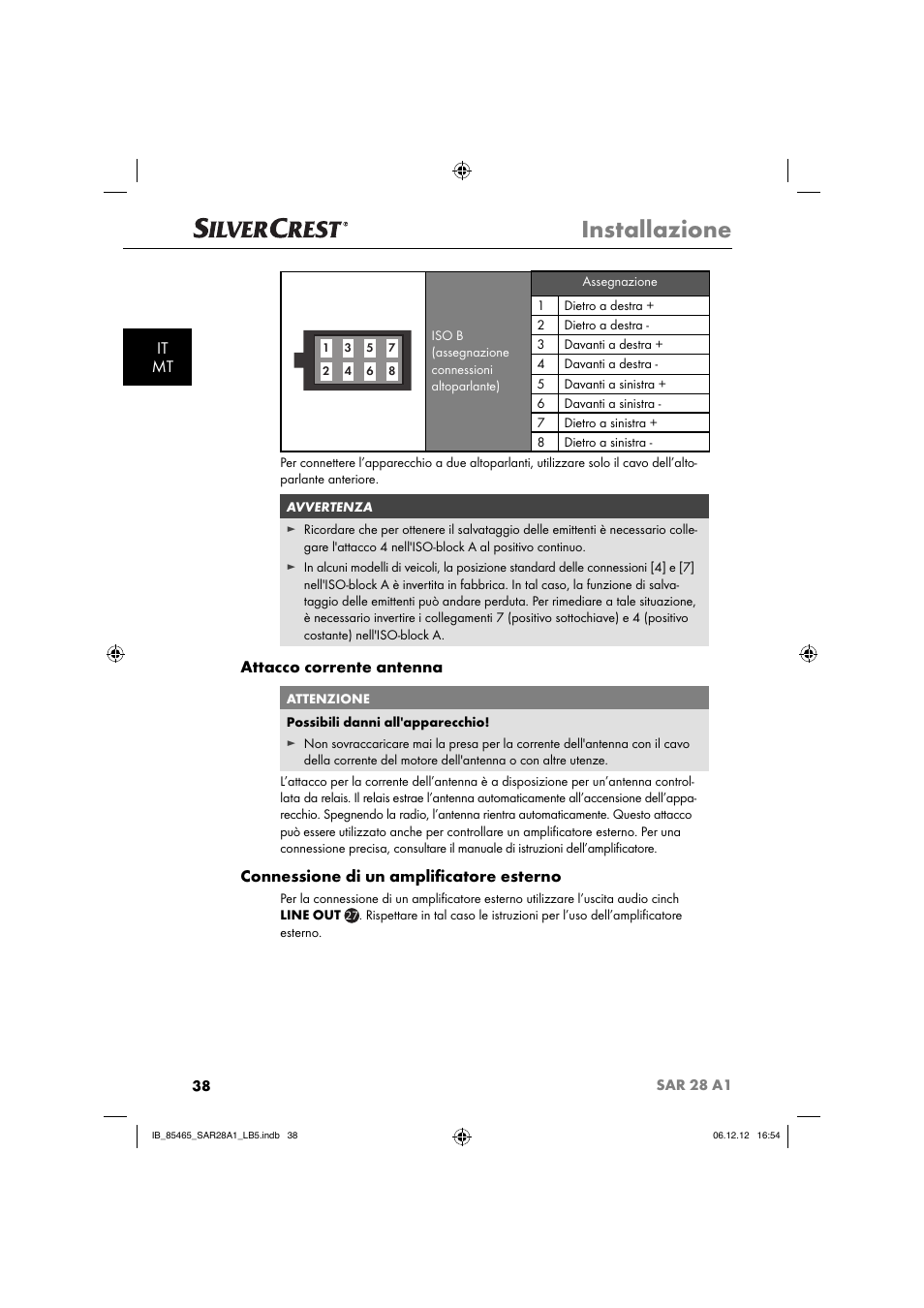 Installazione, It mt, Attacco corrente antenna | Connessione di un ampliﬁ catore esterno | Silvercrest SAR 28 A1 User Manual | Page 42 / 155