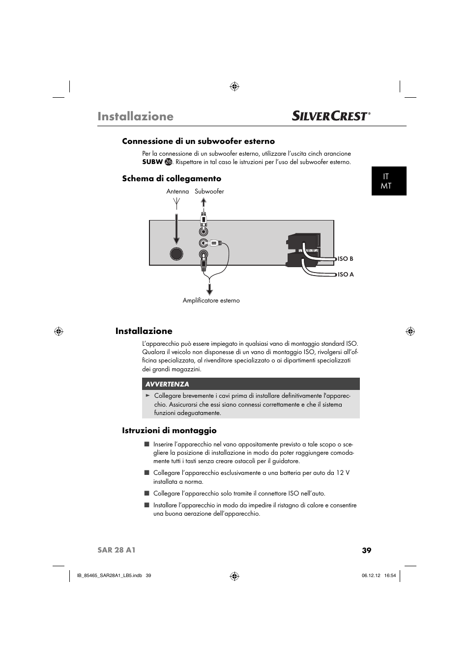 Installazione, It mt connessione di un subwoofer esterno, Schema di collegamento | Istruzioni di montaggio | Silvercrest SAR 28 A1 User Manual | Page 43 / 155