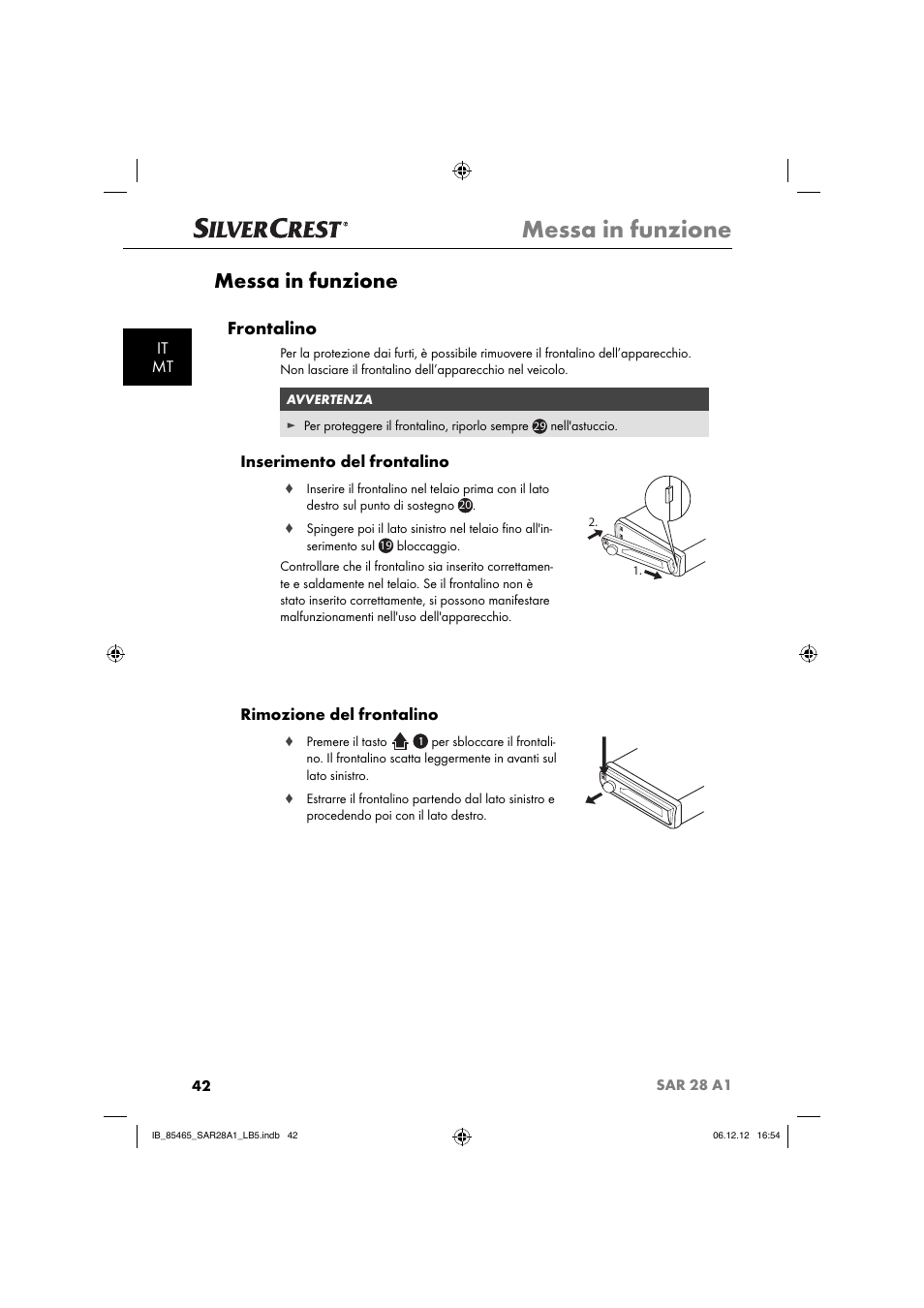 Messa in funzione, Frontalino, It mt | Inserimento del frontalino, Rimozione del frontalino | Silvercrest SAR 28 A1 User Manual | Page 46 / 155