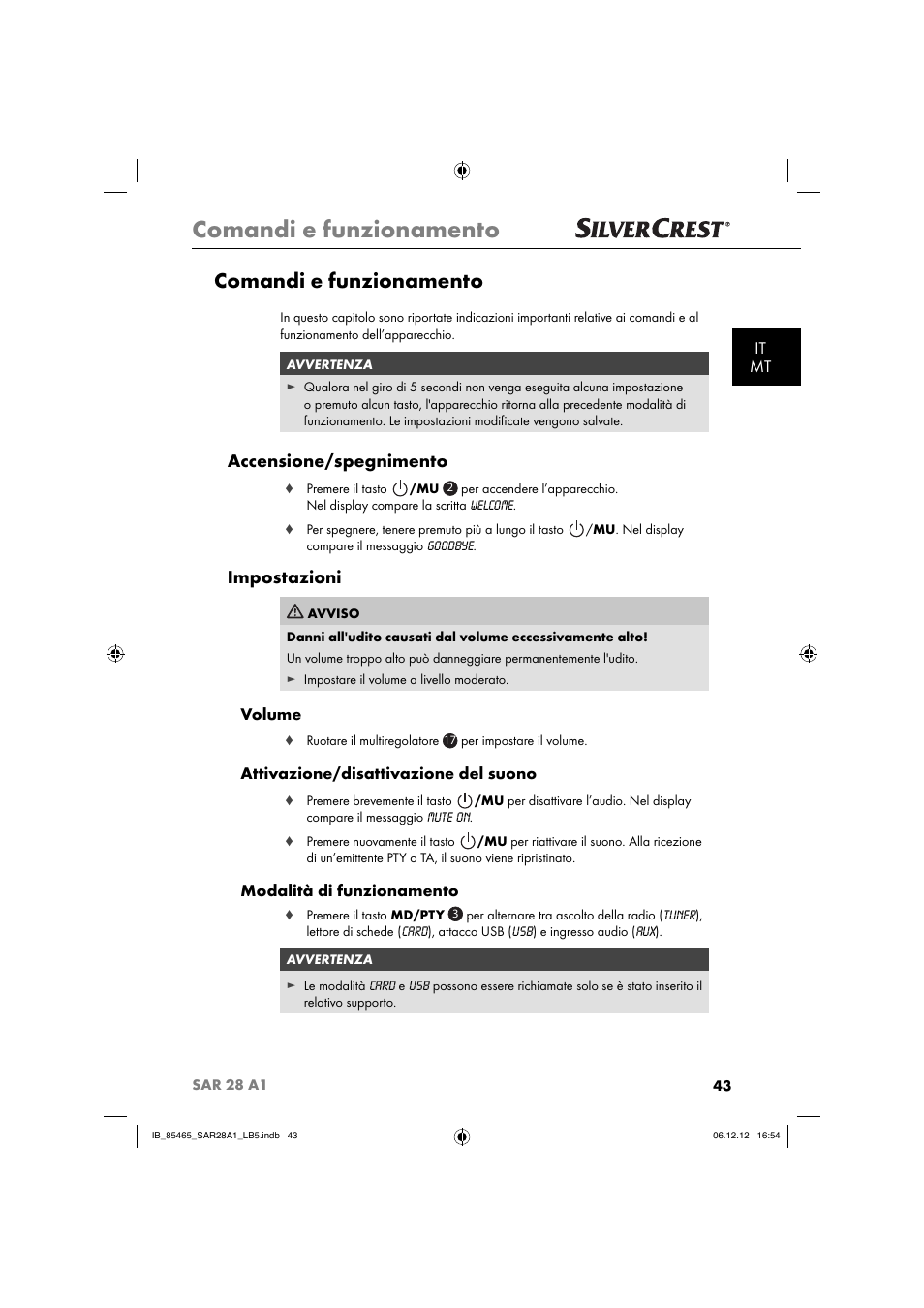 Comandi e funzionamento, Accensione/spegnimento, Impostazioni | It mt, Volume, Attivazione/disattivazione del suono, Modalità di funzionamento | Silvercrest SAR 28 A1 User Manual | Page 47 / 155