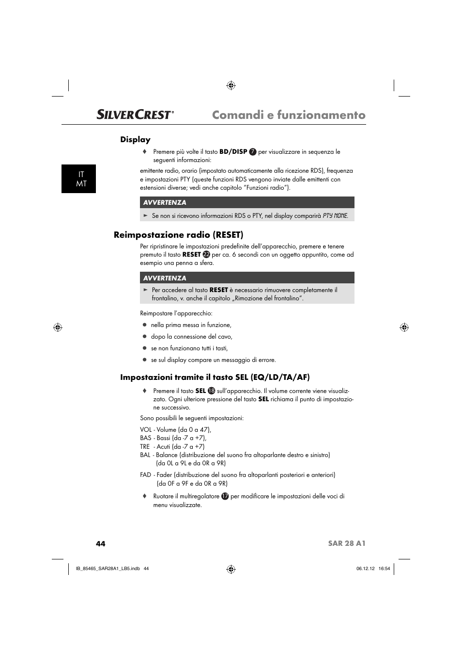 Comandi e funzionamento, Reimpostazione radio (reset), It mt display | Impostazioni tramite il tasto sel (eq/ld/ta/af) | Silvercrest SAR 28 A1 User Manual | Page 48 / 155