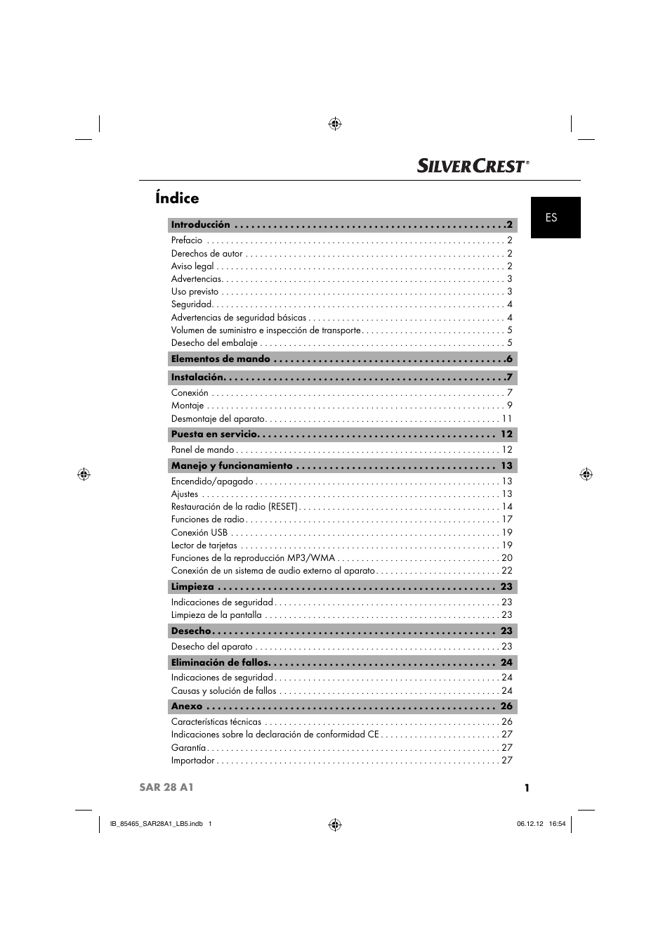 Índice | Silvercrest SAR 28 A1 User Manual | Page 5 / 155