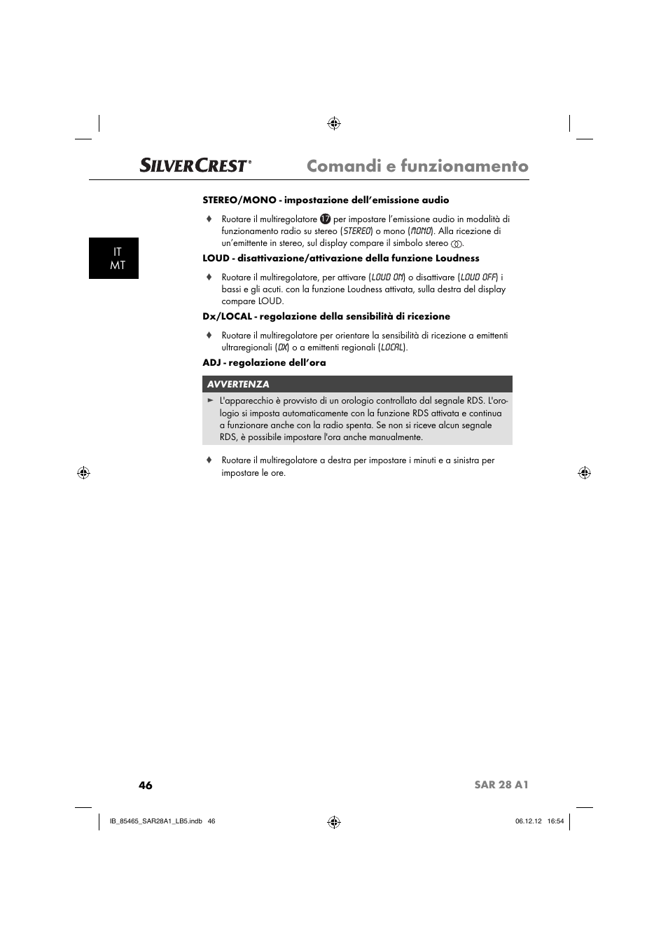 Comandi e funzionamento, It mt | Silvercrest SAR 28 A1 User Manual | Page 50 / 155