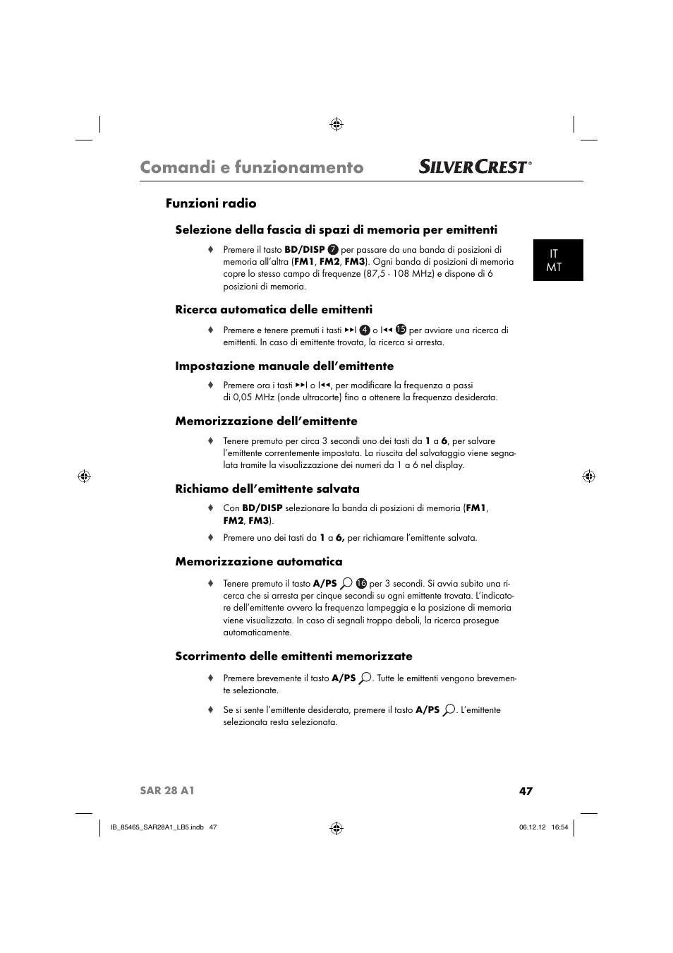 Comandi e funzionamento, Funzioni radio, It mt | Ricerca automatica delle emittenti, Impostazione manuale dell’emittente, Richiamo dell’emittente salvata | Silvercrest SAR 28 A1 User Manual | Page 51 / 155