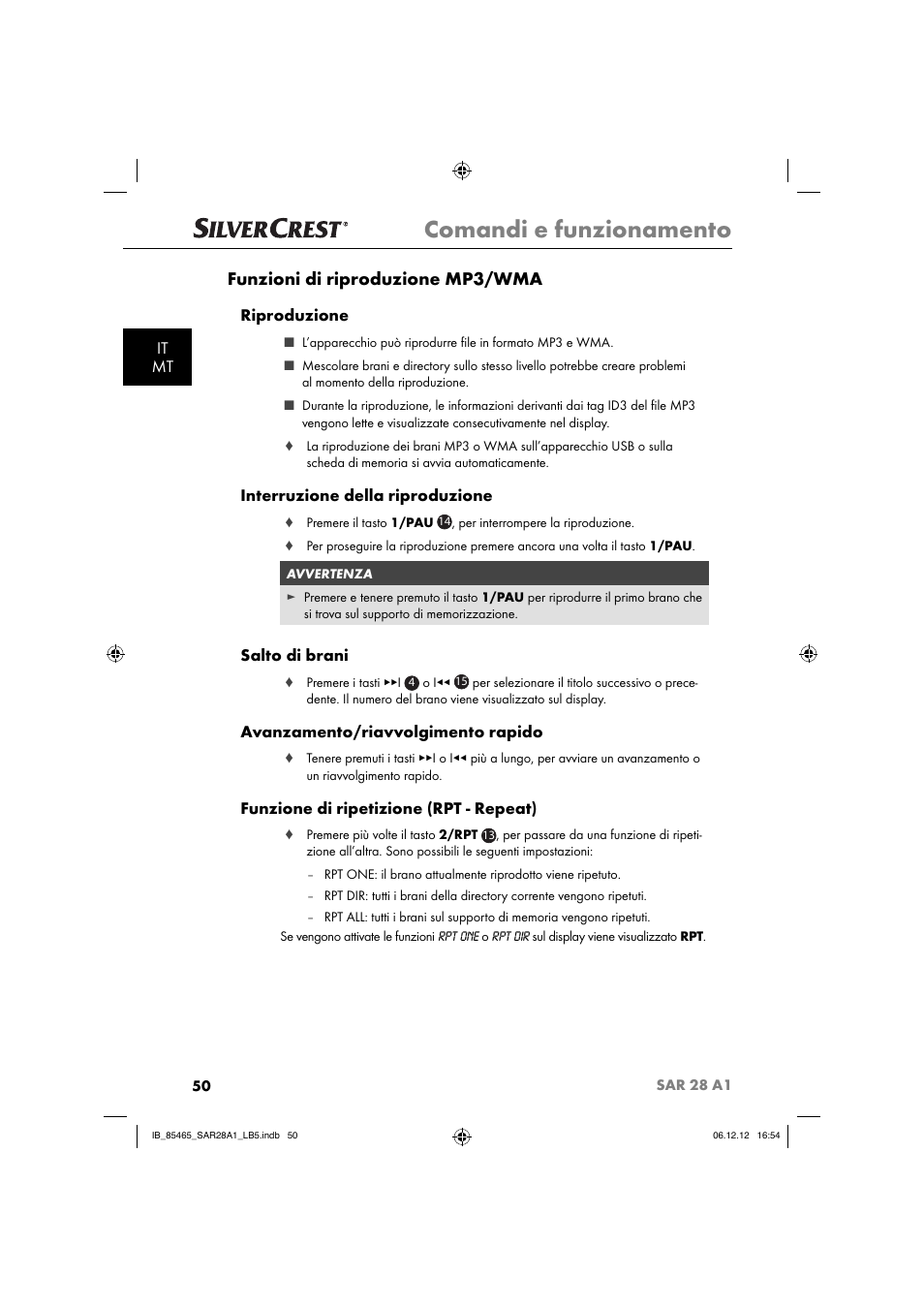 Comandi e funzionamento, Funzioni di riproduzione mp3/wma, It mt | Riproduzione, Interruzione della riproduzione, Salto di brani, Avanzamento/riavvolgimento rapido, Funzione di ripetizione (rpt - repeat) | Silvercrest SAR 28 A1 User Manual | Page 54 / 155