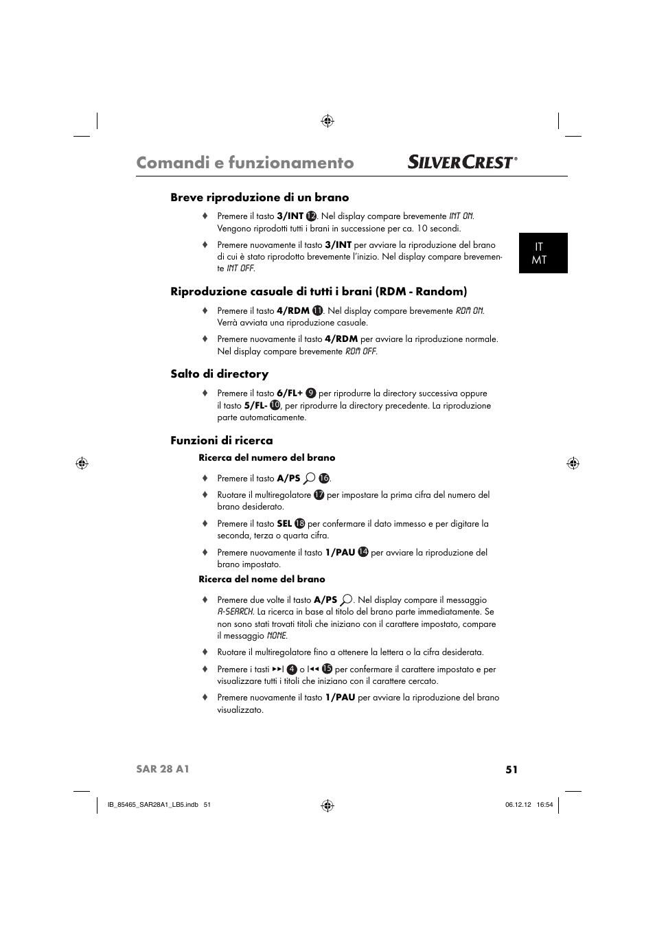 Comandi e funzionamento, It mt breve riproduzione di un brano, Salto di directory | Funzioni di ricerca | Silvercrest SAR 28 A1 User Manual | Page 55 / 155