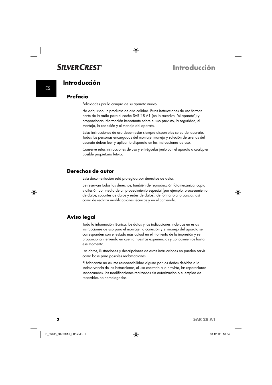 Introducción, Prefacio, Derechos de autor | Aviso legal | Silvercrest SAR 28 A1 User Manual | Page 6 / 155