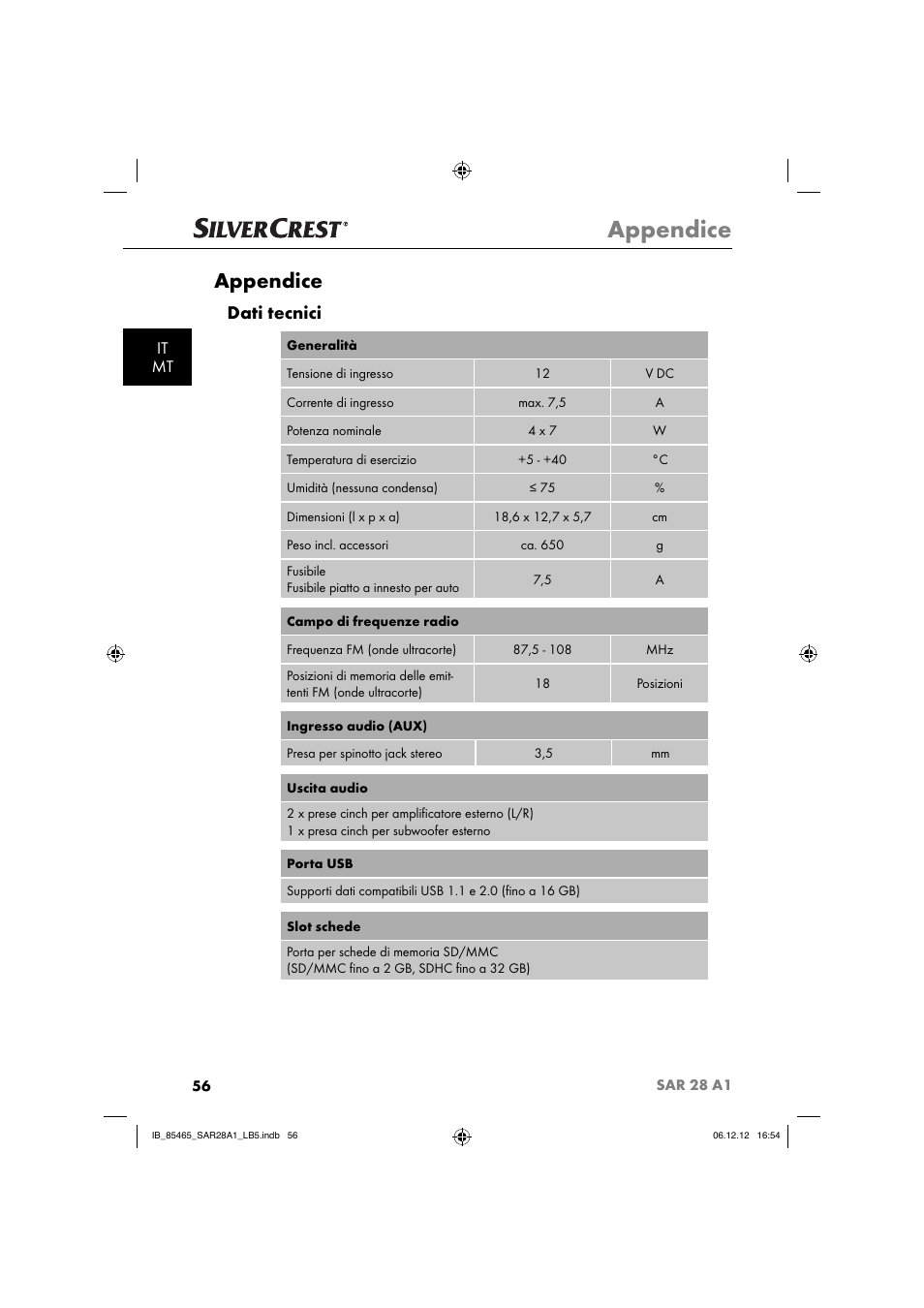 Appendice, Dati tecnici, It mt | Silvercrest SAR 28 A1 User Manual | Page 60 / 155