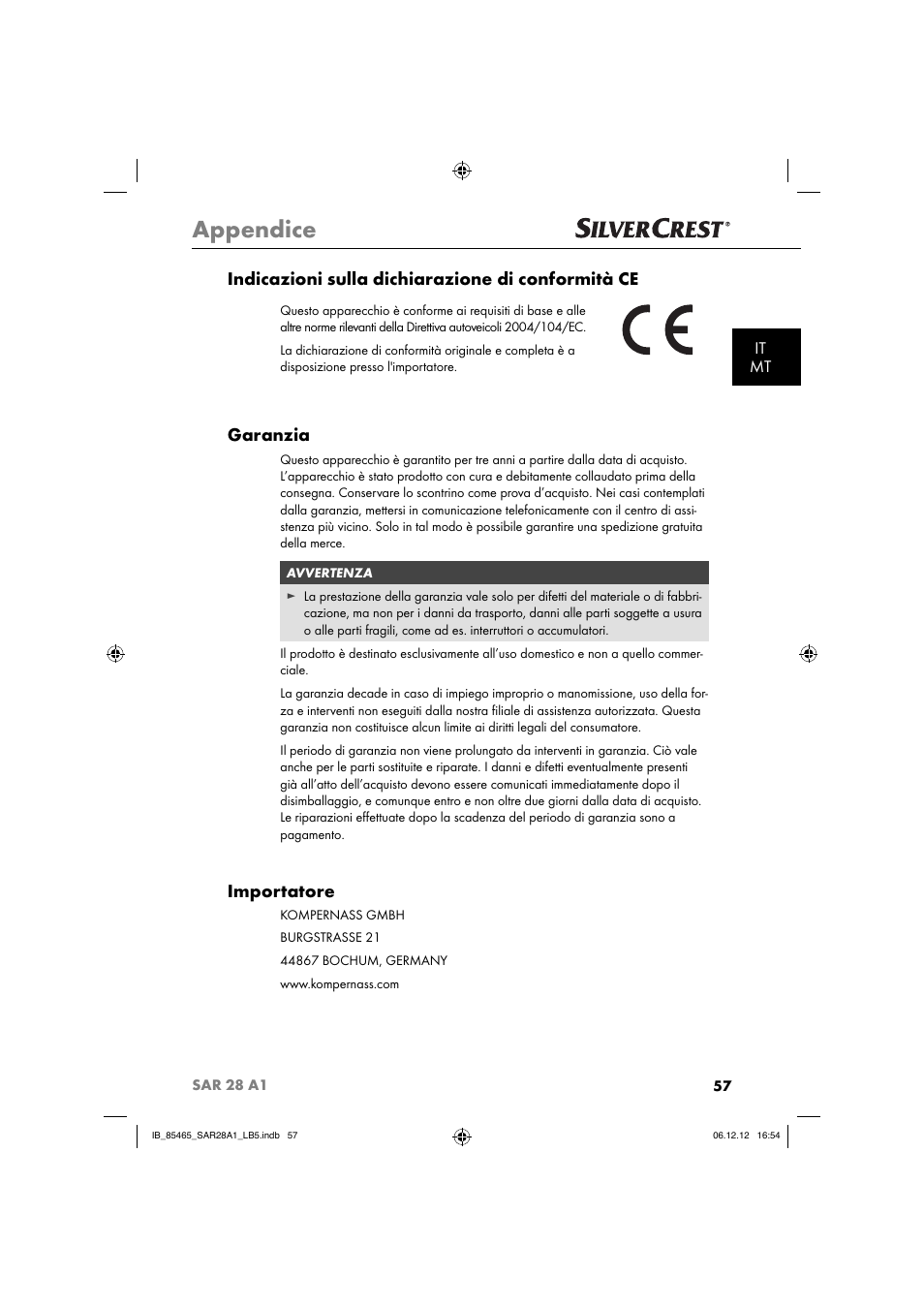 Appendice, Indicazioni sulla dichiarazione di conformità ce, Garanzia | Importatore, It mt | Silvercrest SAR 28 A1 User Manual | Page 61 / 155