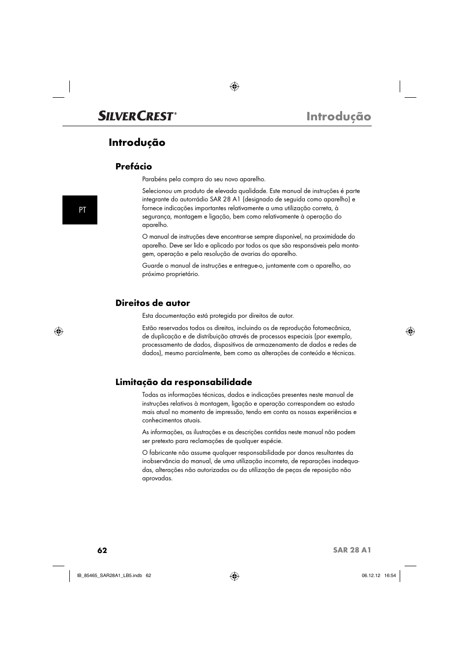 Introdução, Prefácio, Direitos de autor | Limitação da responsabilidade | Silvercrest SAR 28 A1 User Manual | Page 66 / 155