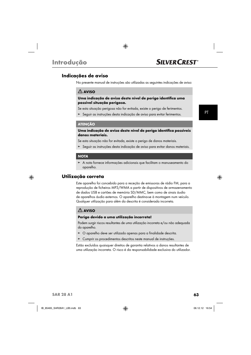 Introdução, Indicações de aviso, Utilização correta | Silvercrest SAR 28 A1 User Manual | Page 67 / 155