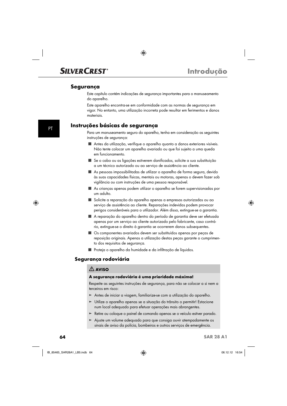 Introdução, Segurança, Instruções básicas de segurança | Segurança rodoviária | Silvercrest SAR 28 A1 User Manual | Page 68 / 155