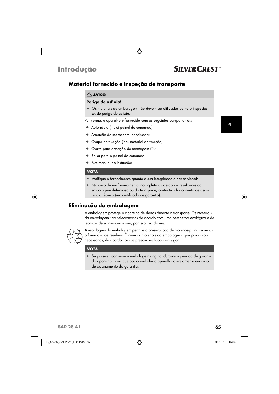 Introdução, Material fornecido e inspeção de transporte, Eliminação da embalagem | Silvercrest SAR 28 A1 User Manual | Page 69 / 155
