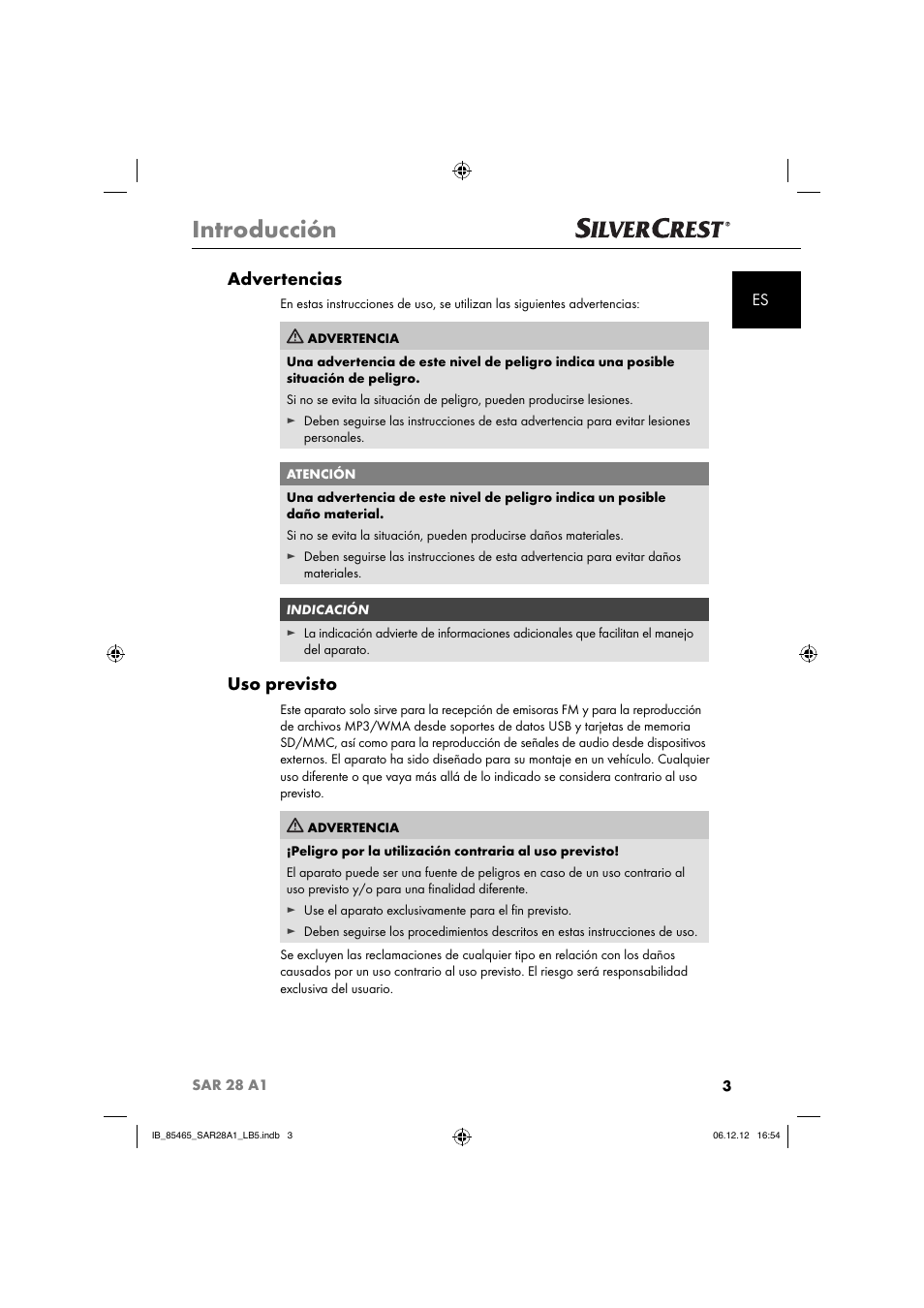 Introducción, Advertencias, Uso previsto | Silvercrest SAR 28 A1 User Manual | Page 7 / 155