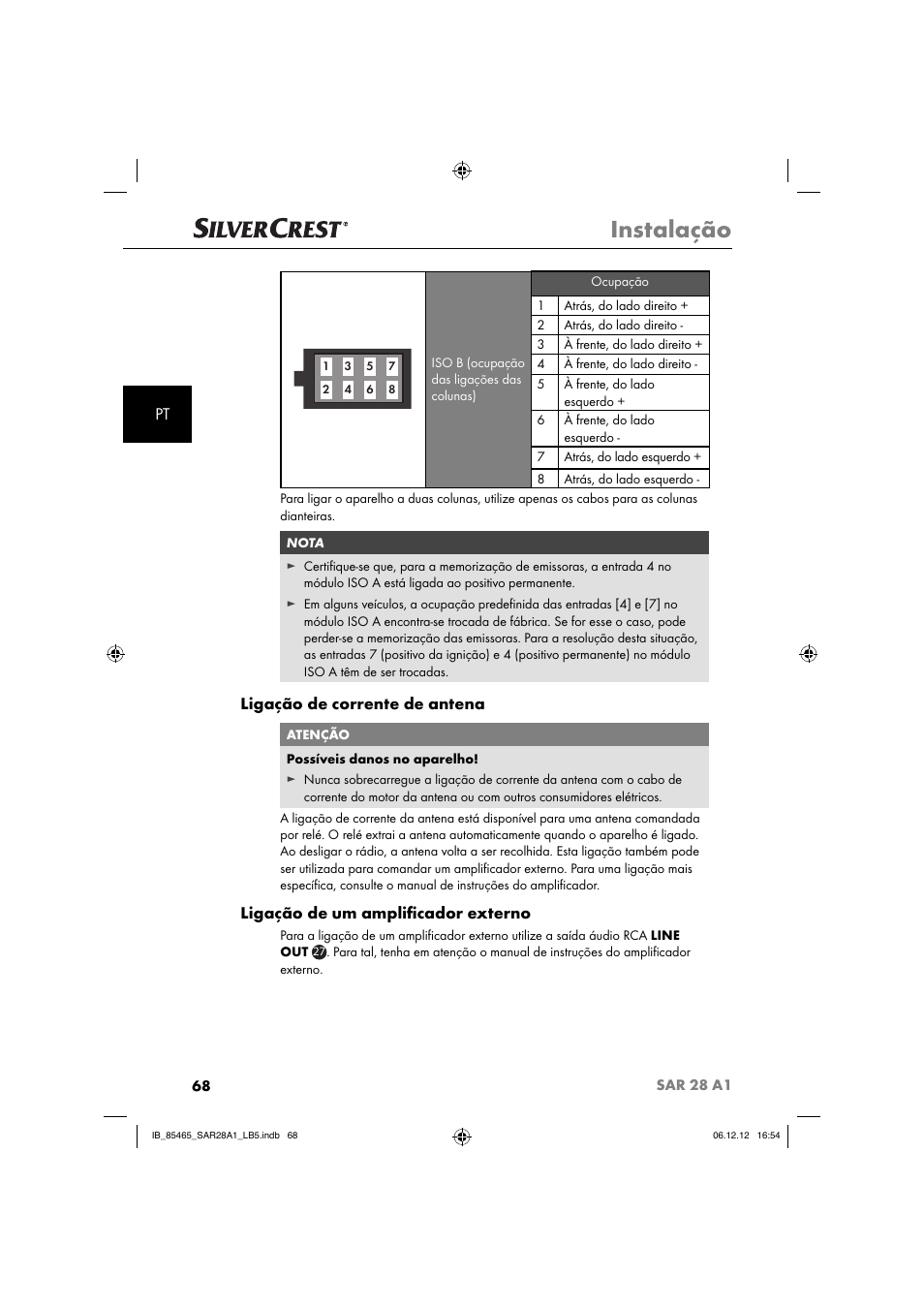 Instalação, Ligação de corrente de antena, Ligação de um ampliﬁ cador externo | Silvercrest SAR 28 A1 User Manual | Page 72 / 155