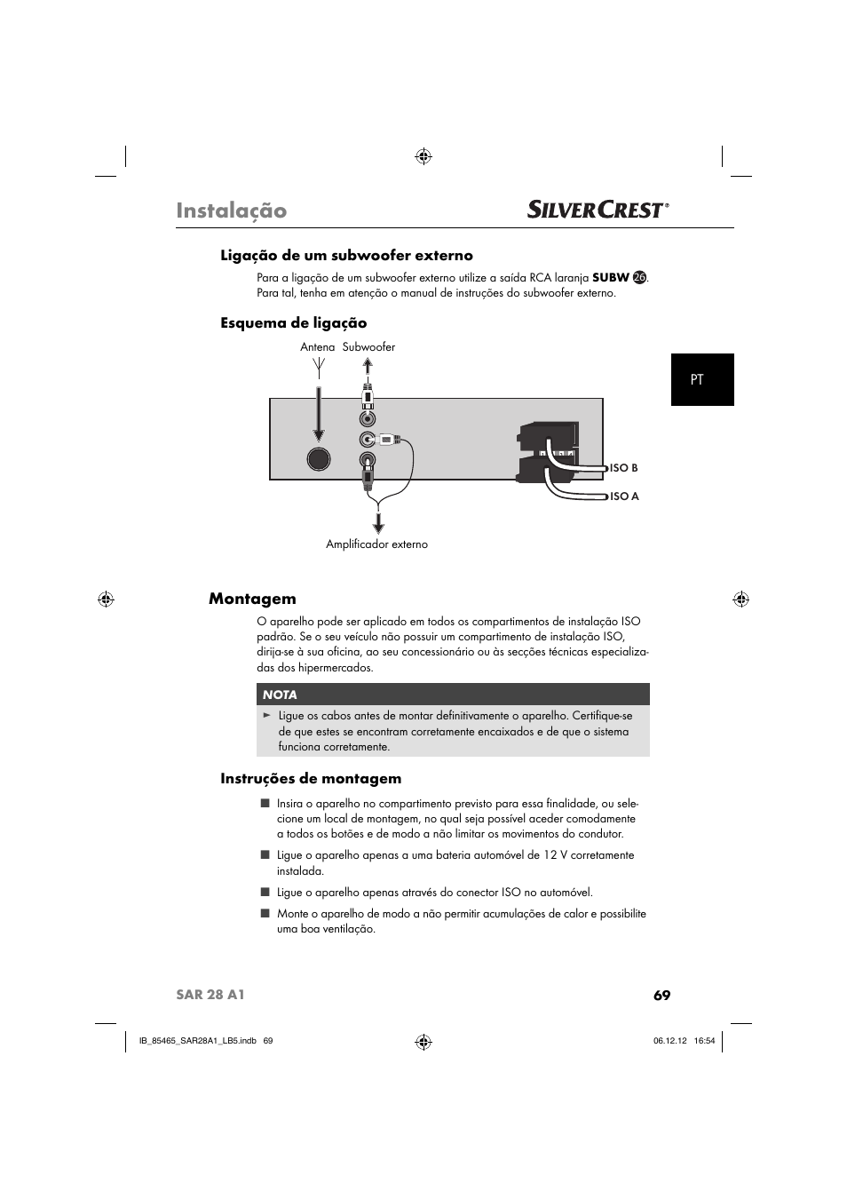 Instalação, Montagem, Pt ligação de um subwoofer externo | Esquema de ligação, Instruções de montagem | Silvercrest SAR 28 A1 User Manual | Page 73 / 155