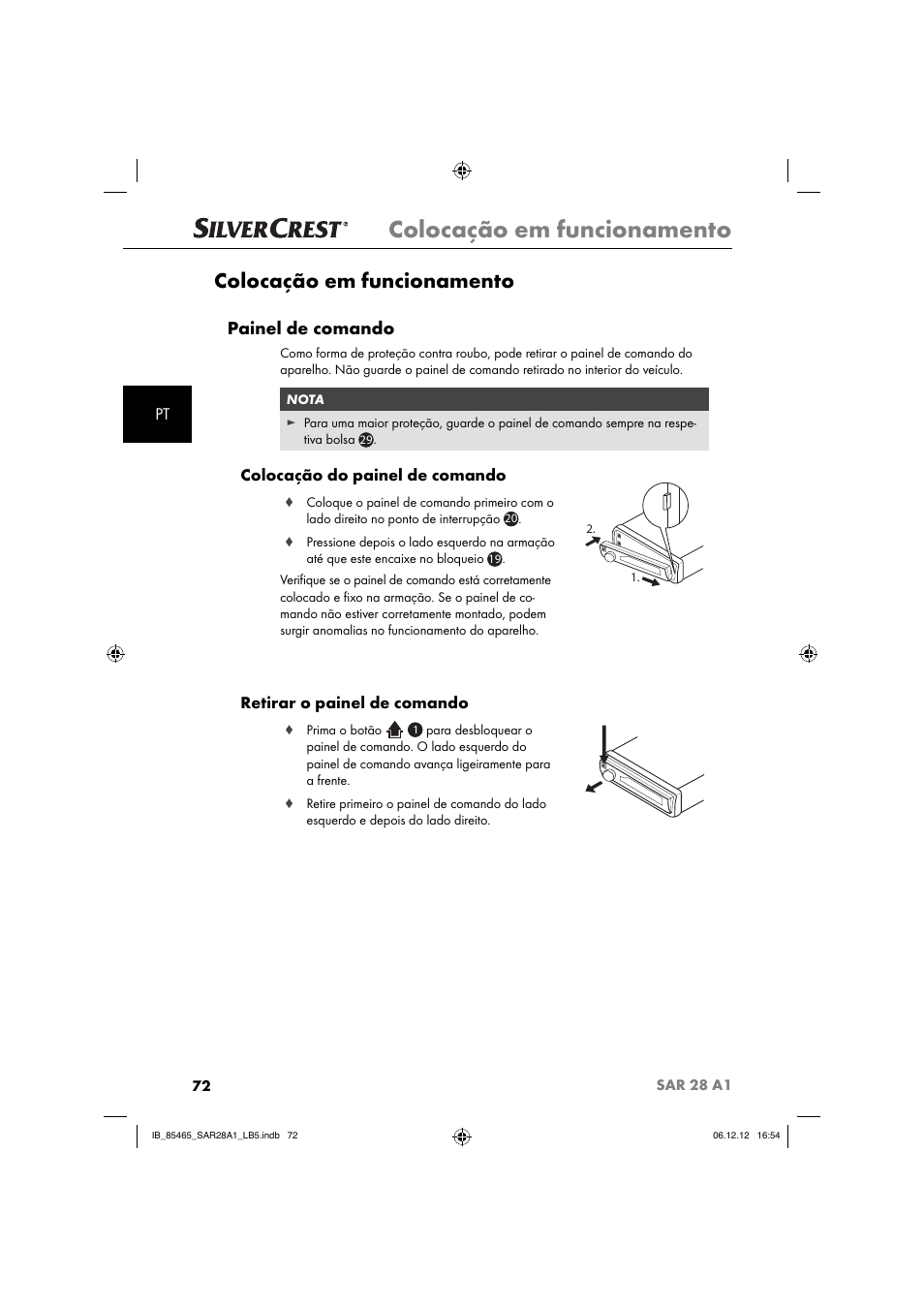 Colocação em funcionamento, Painel de comando, Colocação do painel de comando | Retirar o painel de comando | Silvercrest SAR 28 A1 User Manual | Page 76 / 155