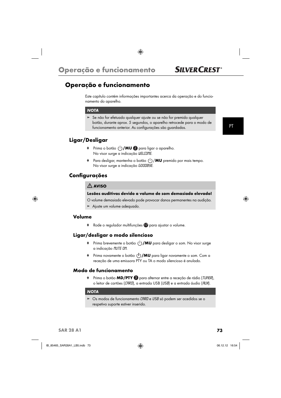 Operação e funcionamento, Ligar/desligar, Conﬁ gurações | Volume, Ligar/desligar o modo silencioso, Modo de funcionamento | Silvercrest SAR 28 A1 User Manual | Page 77 / 155